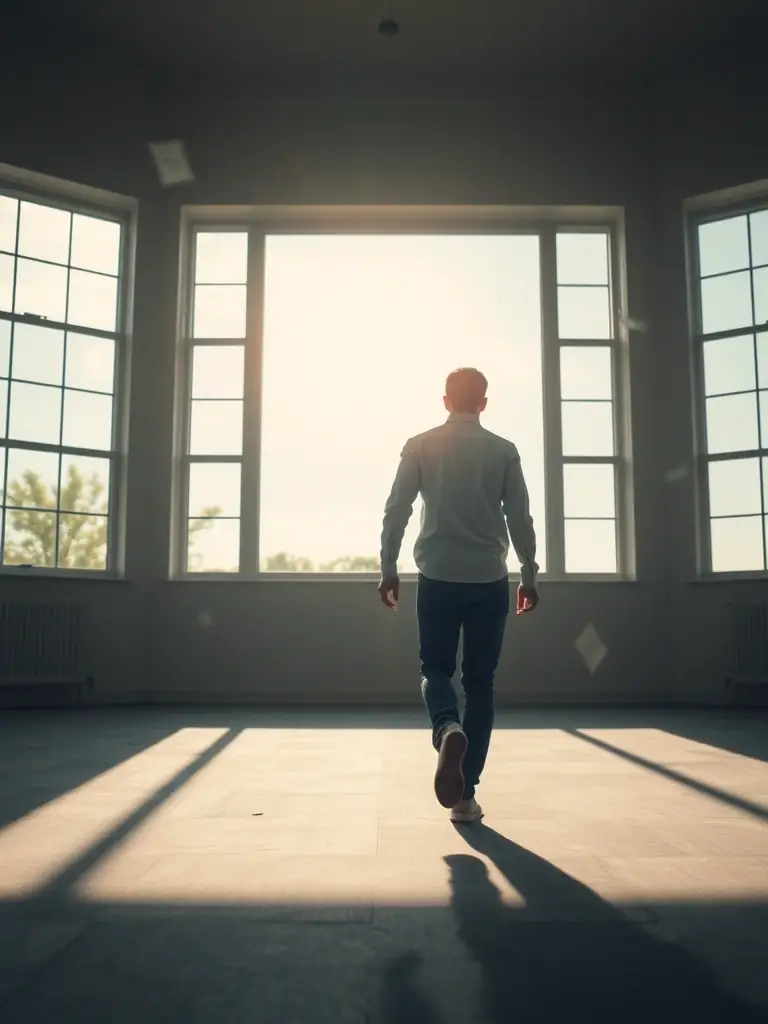 A person stepping forward into a bright, open space, symbolizing a fresh start through debt discharge, with legal documents fading in the background.