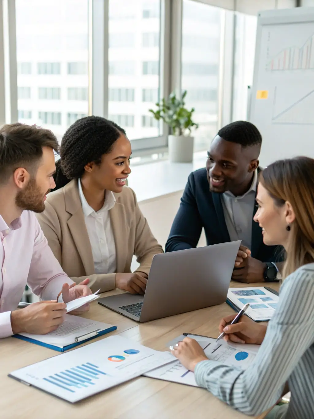 A diverse team of financial experts collaborating around a table, reviewing documents and discussing strategies, symbolizing the professional and collaborative approach of G.C.D. S.r.l.s.