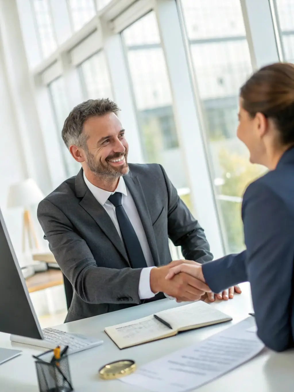 A handshake between a client and a financial advisor, symbolizing an agreement on minor composition, with legal documents subtly visible.